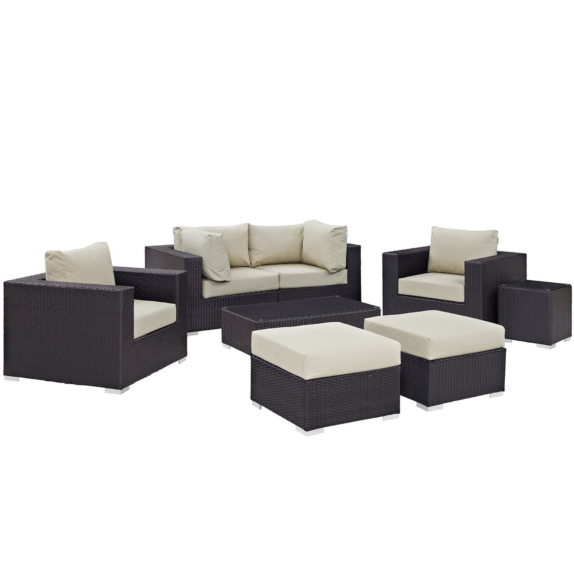Convene 8 Piece Outdoor Patio Sectional Set - Espresso Beige (2 Sections, Coffee Table, 2 Corner Sections, 2 Ottomans, Side Table)