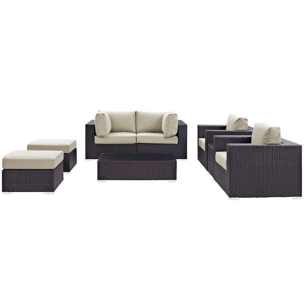 Convene 8 Piece Outdoor Patio Sectional Set - Espresso Beige (2 Sections, Coffee Table, 2 Corner Sections, 2 Ottomans, Side Table)