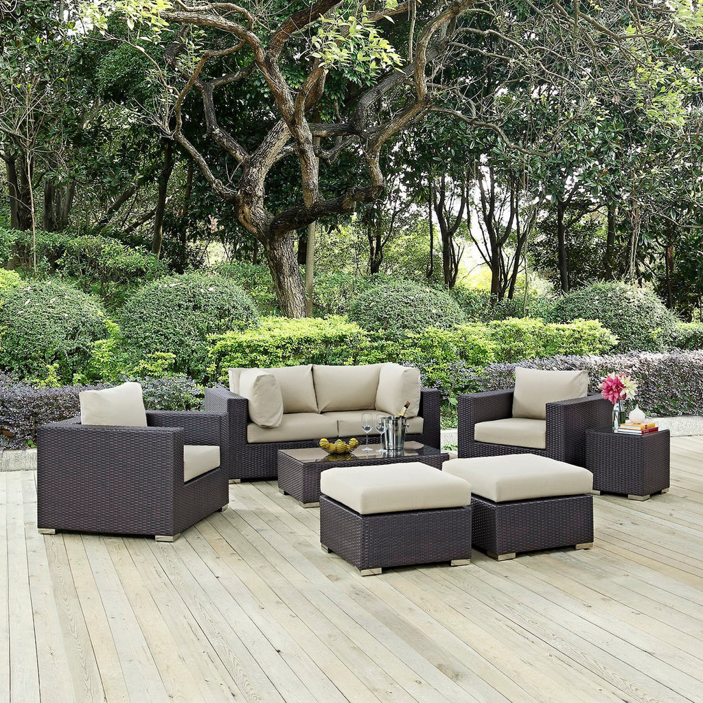 Convene 8 Piece Outdoor Patio Sectional Set - Espresso Beige (2 Sections, Coffee Table, 2 Corner Sections, 2 Ottomans, Side Table)