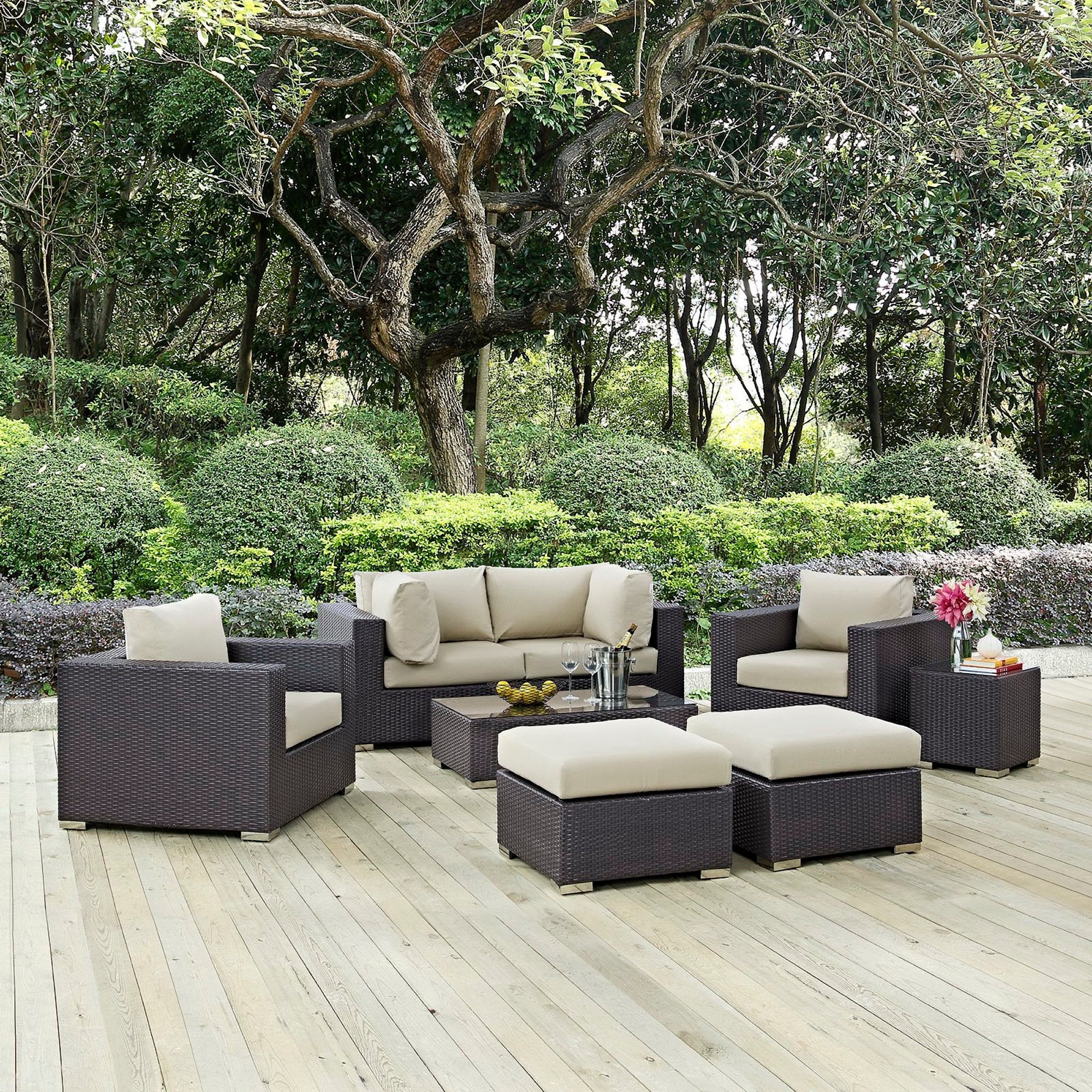 Convene 8 Piece Outdoor Patio Sectional Set - Espresso Beige (2 Sections, Coffee Table, 2 Corner Sections, 2 Ottomans, Side Table)