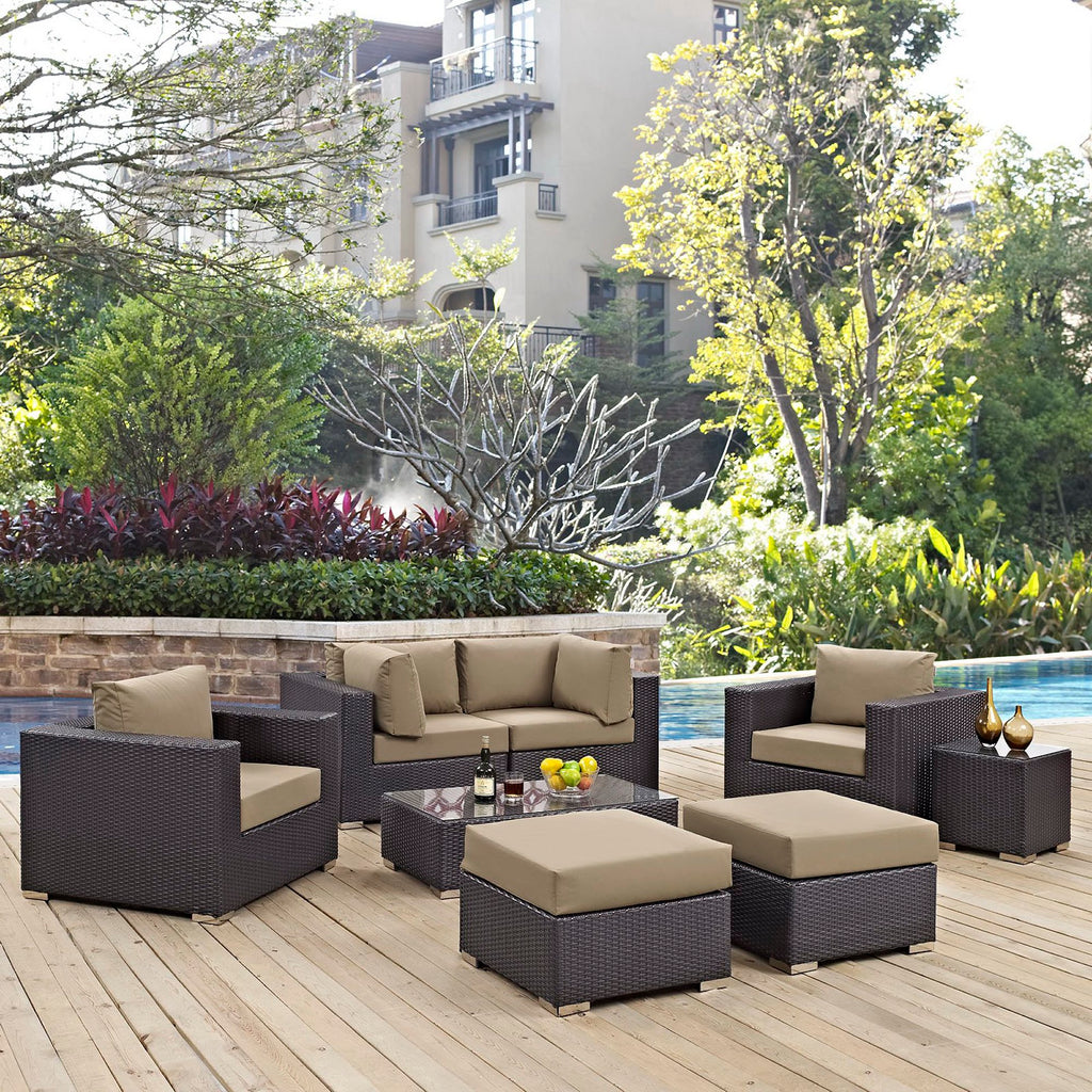 Convene 8 Piece Outdoor Patio Sectional Set - Espresso Mocha (2 Sections, Coffee Table, 2 Corner Sections, 2 Ottomans, Side Table)
