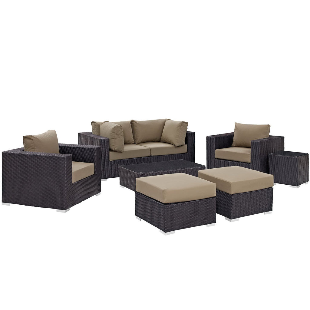 Convene 8 Piece Outdoor Patio Sectional Set - Espresso Mocha (2 Sections, Coffee Table, 2 Corner Sections, 2 Ottomans, Side Table)