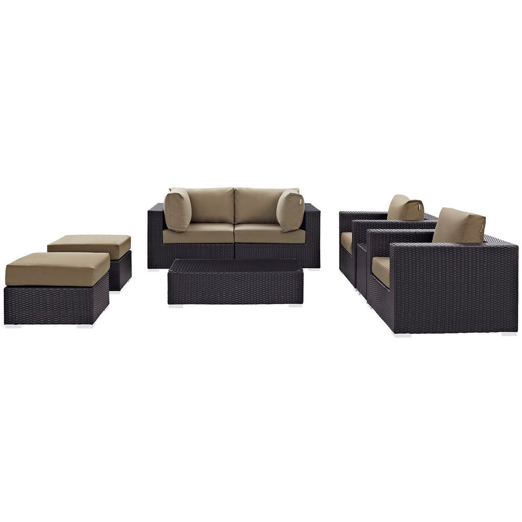 Convene 8 Piece Outdoor Patio Sectional Set - Espresso Mocha (2 Sections, Coffee Table, 2 Corner Sections, 2 Ottomans, Side Table)