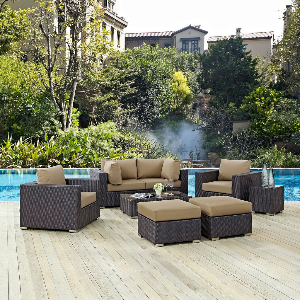 Convene 8 Piece Outdoor Patio Sectional Set - Espresso Mocha (2 Sections, Coffee Table, 2 Corner Sections, 2 Ottomans, Side Table)