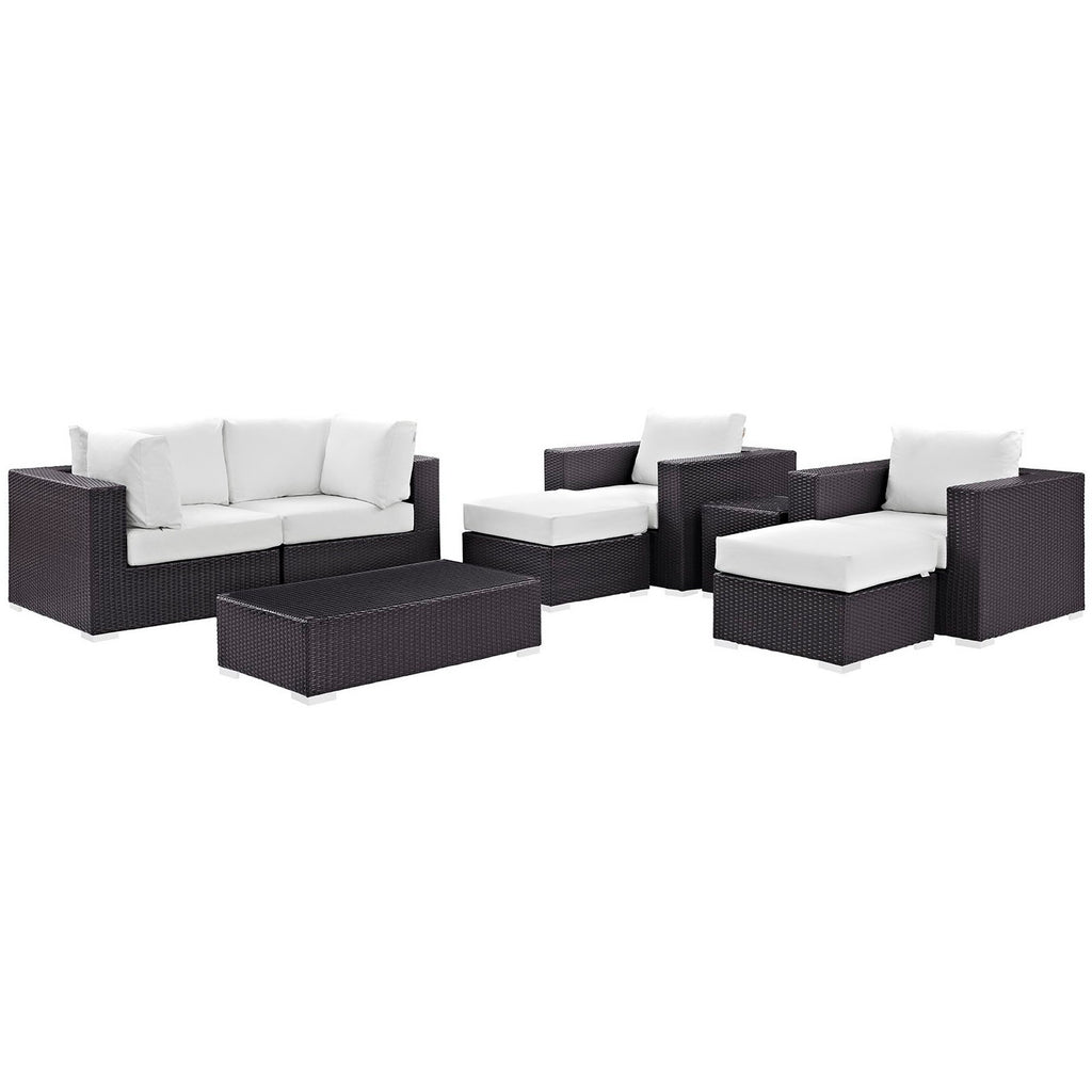 Convene 8 Piece Outdoor Patio Sectional Set - Espresso White (2 Sections, Coffee Table, 2 Corner Sections, 2 Ottomans, Side Table)