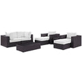 Convene 8 Piece Outdoor Patio Sectional Set - Espresso White (2 Sections, Coffee Table, 2 Corner Sections, 2 Ottomans, Side Table)