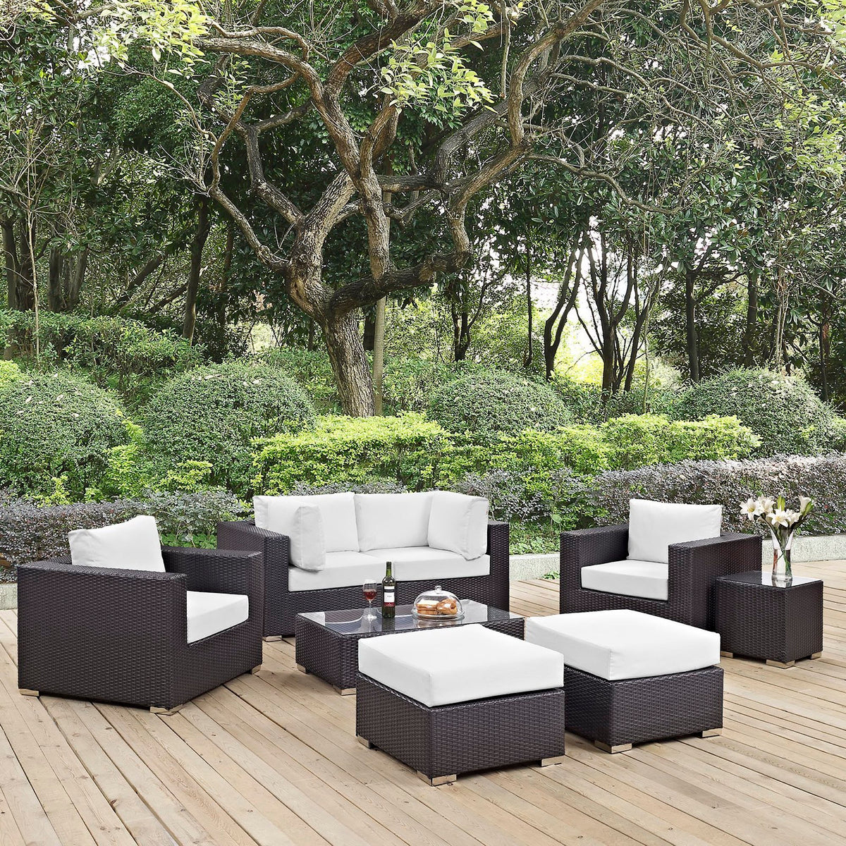 Convene 8 Piece Outdoor Patio Sectional Set - Espresso White (2 Sections, Coffee Table, 2 Corner Sections, 2 Ottomans, Side Table)