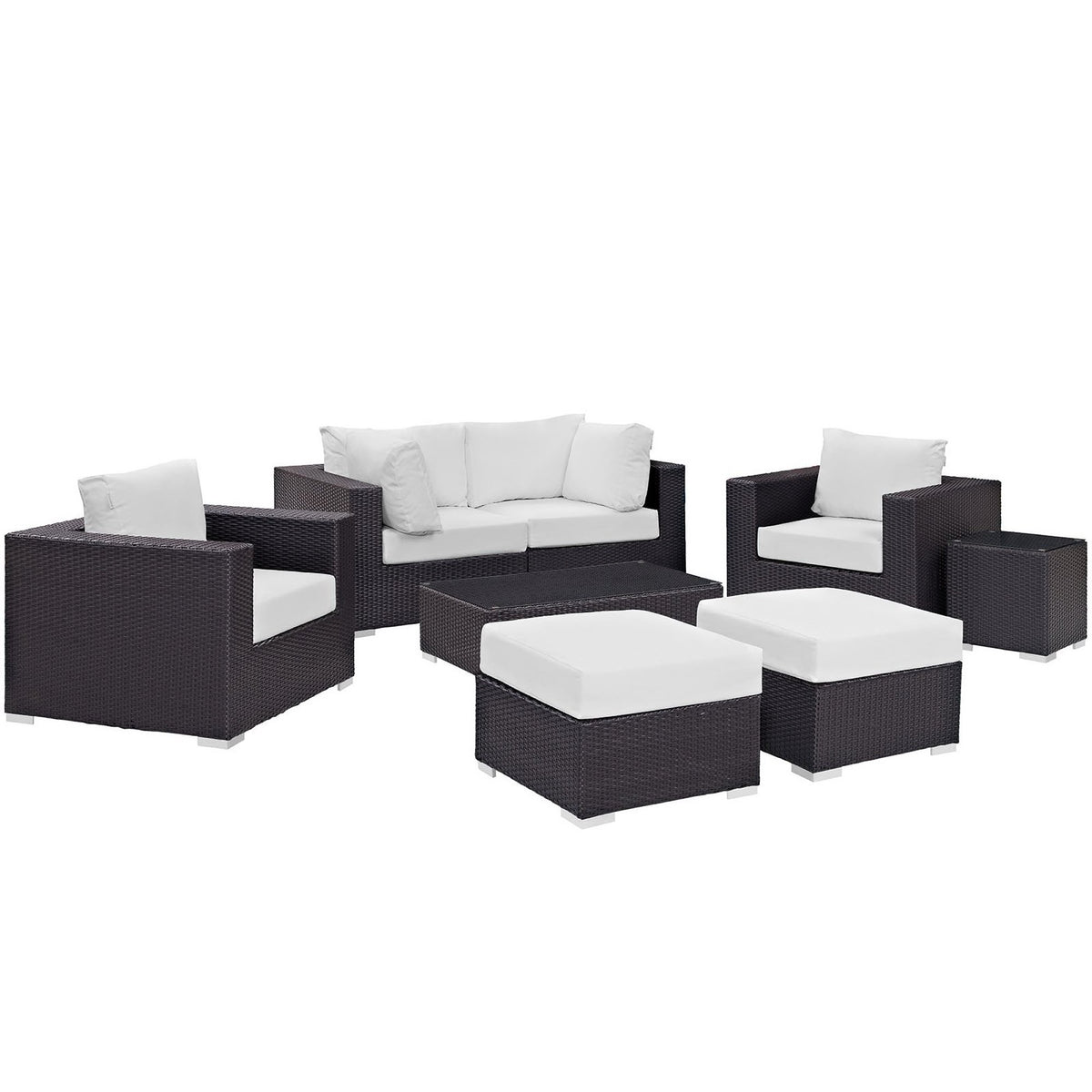 Convene 8 Piece Outdoor Patio Sectional Set - Espresso White (2 Sections, Coffee Table, 2 Corner Sections, 2 Ottomans, Side Table)