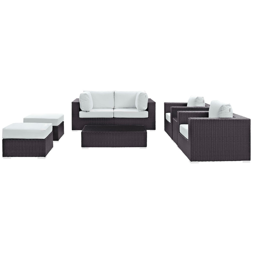 Convene 8 Piece Outdoor Patio Sectional Set - Espresso White (2 Sections, Coffee Table, 2 Corner Sections, 2 Ottomans, Side Table)