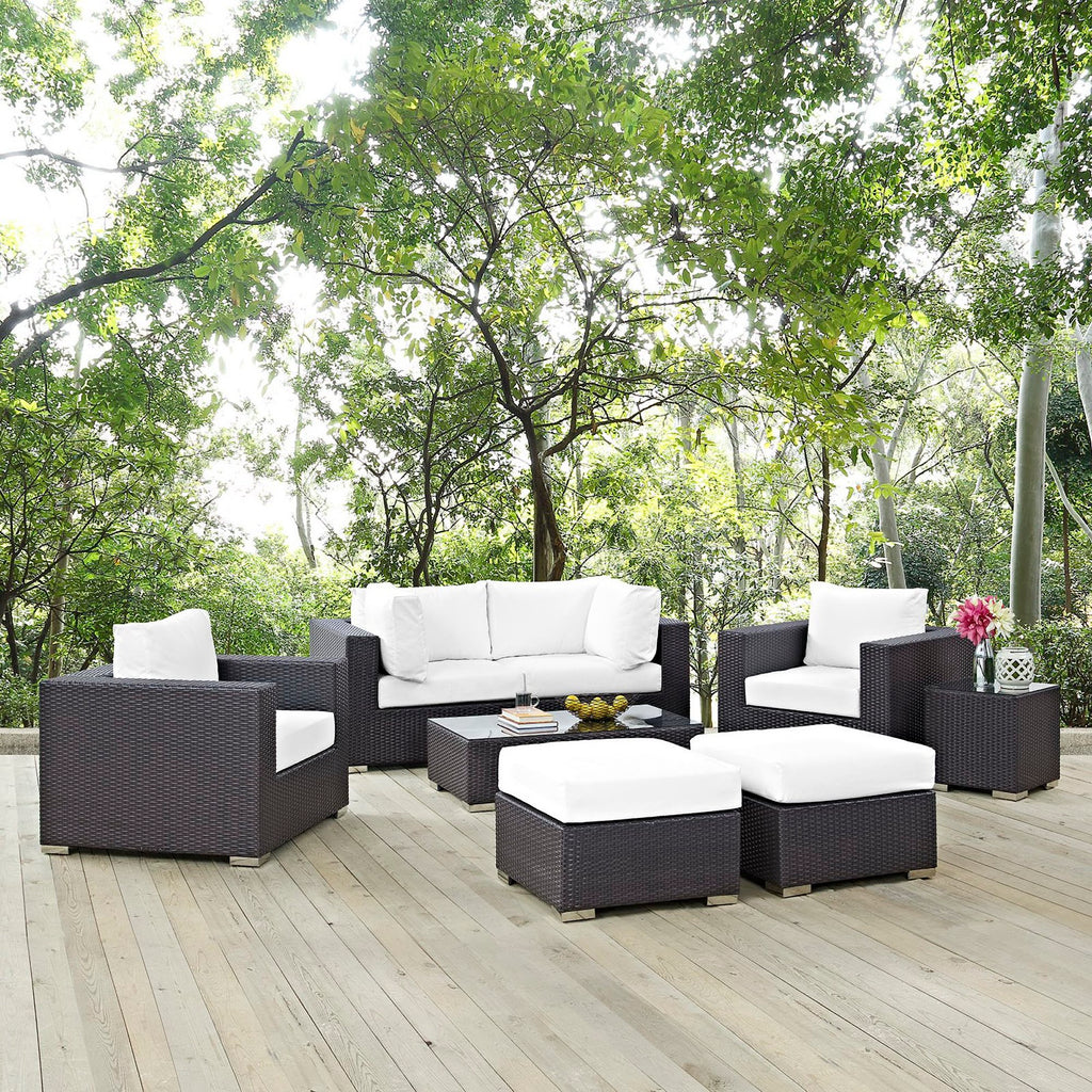 Convene 8 Piece Outdoor Patio Sectional Set - Espresso White (2 Sections, Coffee Table, 2 Corner Sections, 2 Ottomans, Side Table)