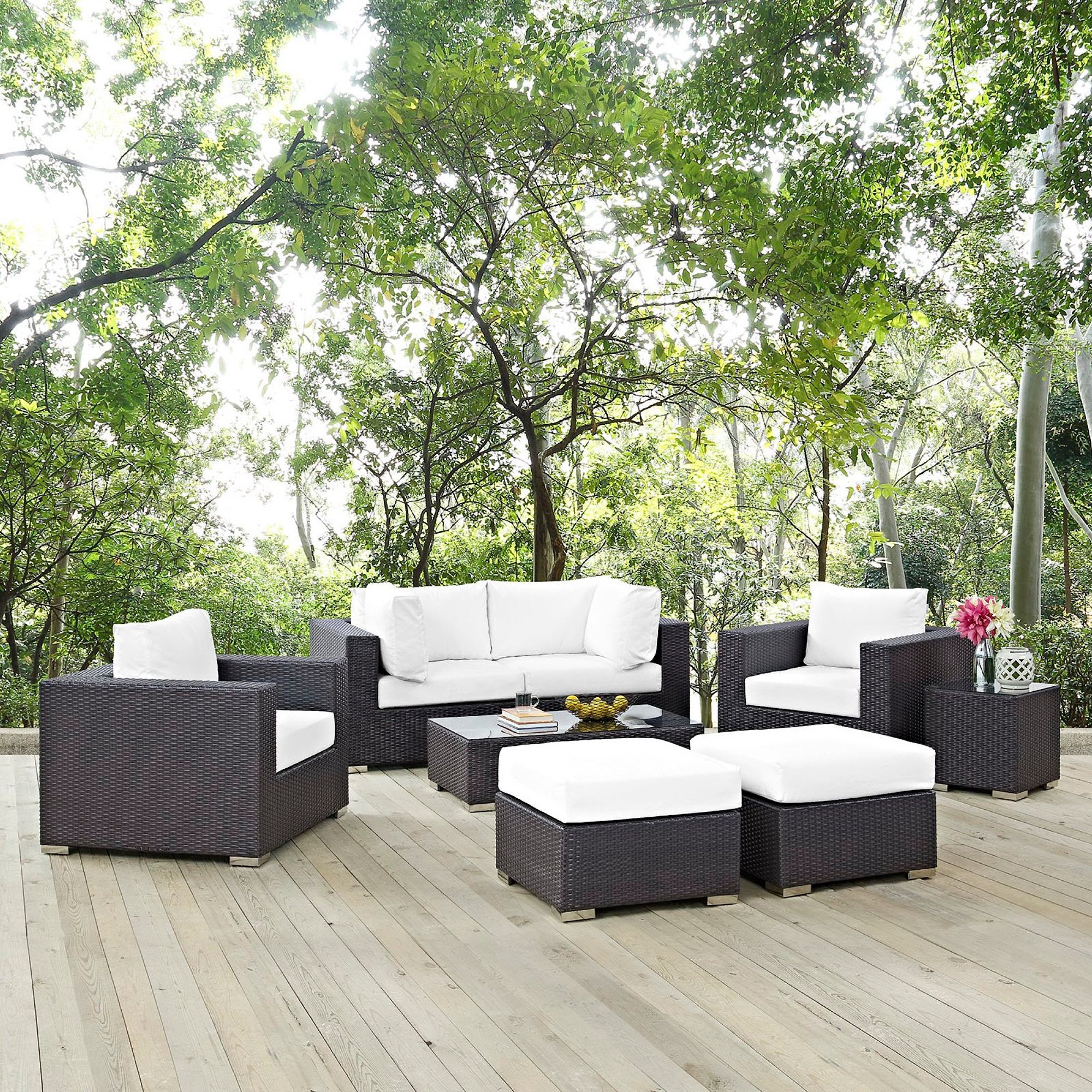 Convene 8 Piece Outdoor Patio Sectional Set - Espresso White (2 Sections, Coffee Table, 2 Corner Sections, 2 Ottomans, Side Table)