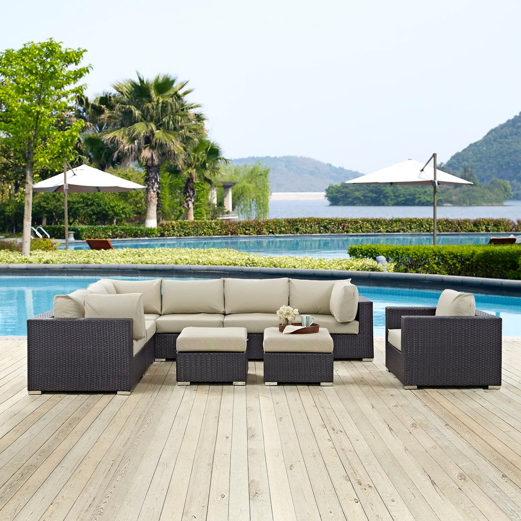 Convene 9 Piece Outdoor Patio Sectional Set - Espresso Beige