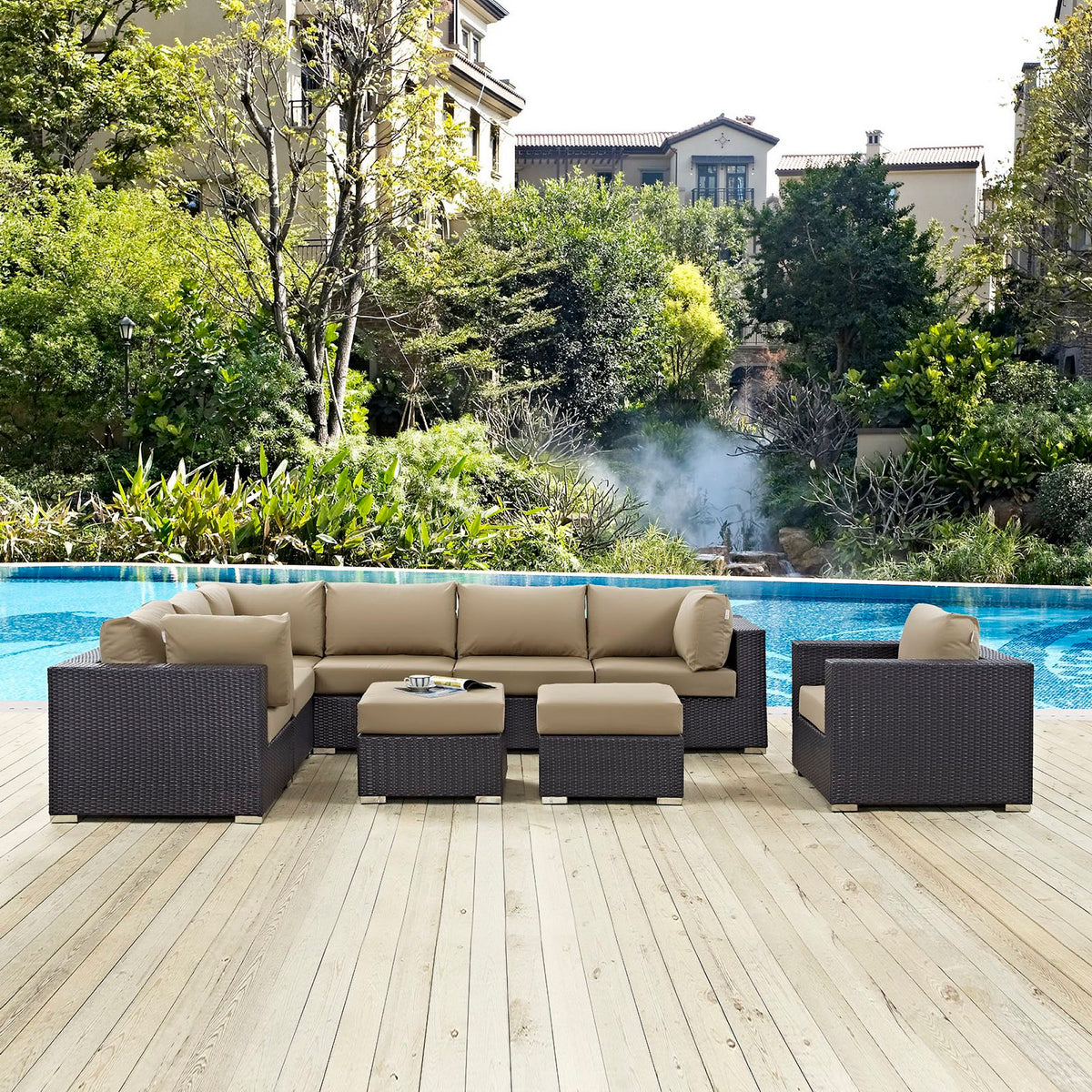 Convene 9 Piece Outdoor Patio Sectional Set - Espresso Mocha