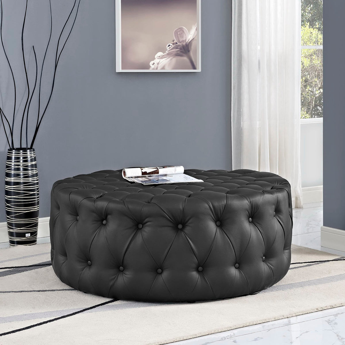 Amour Upholstered Vinyl Ottoman - Black