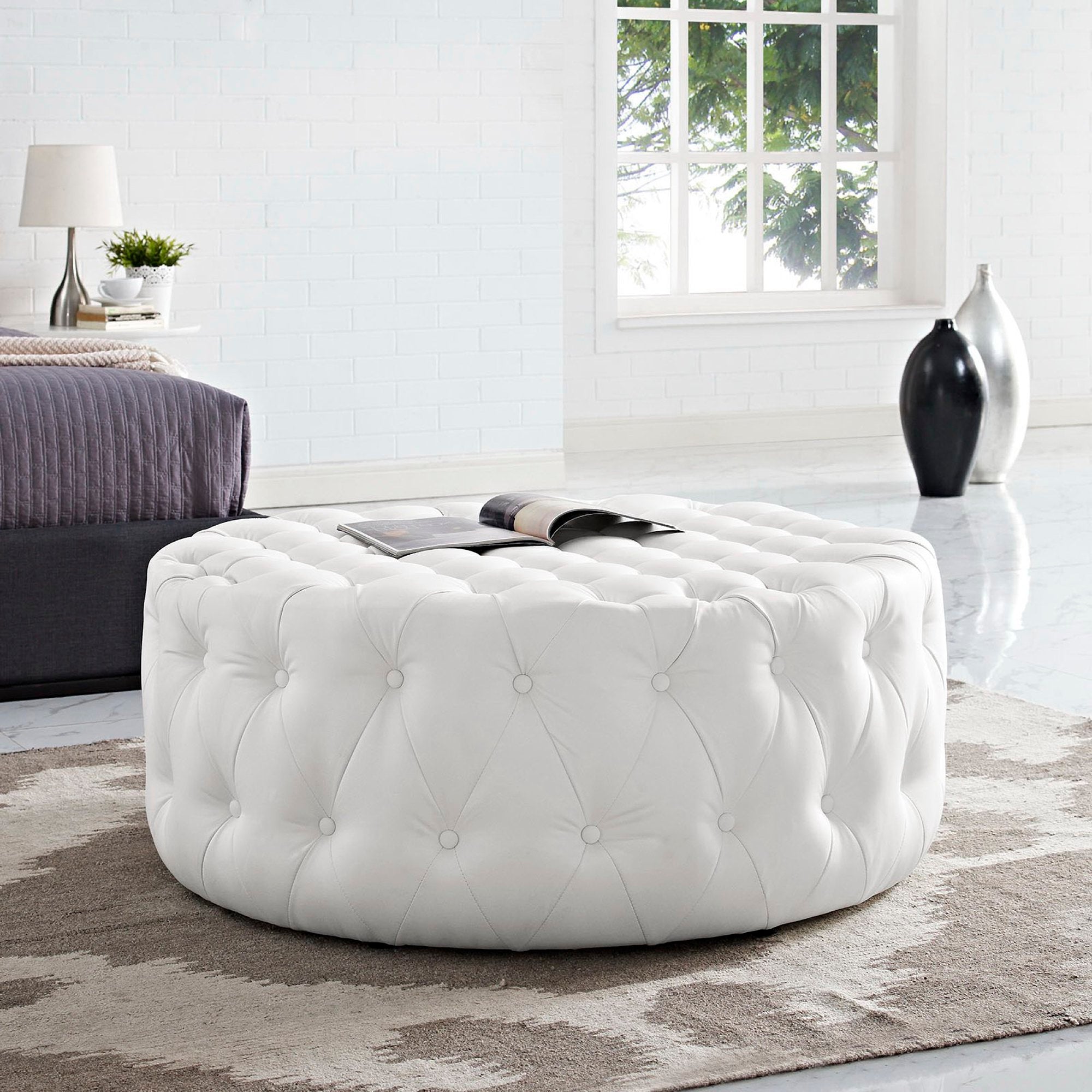 Amour Upholstered Vinyl Ottoman - White