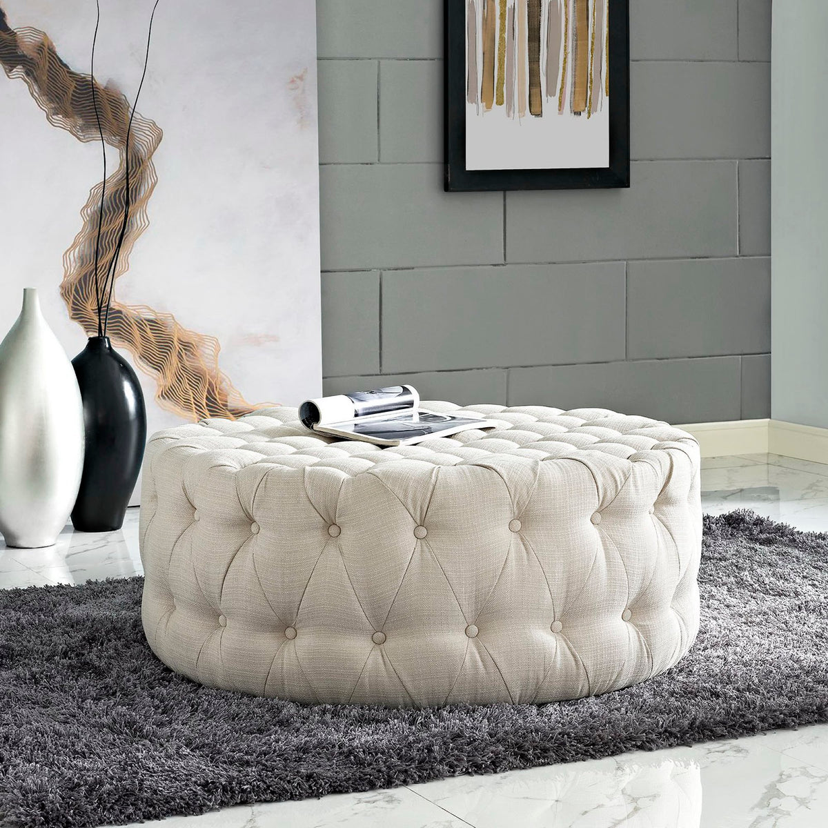 Amour Upholstered Fabric Ottoman - Beige