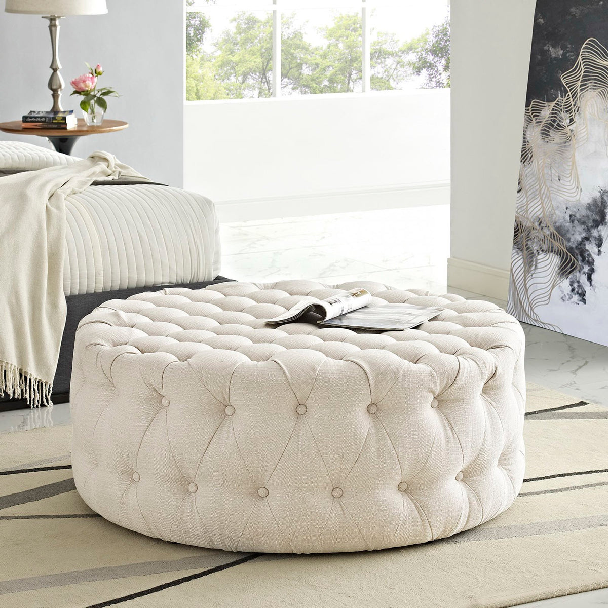 Amour Upholstered Fabric Ottoman - Beige