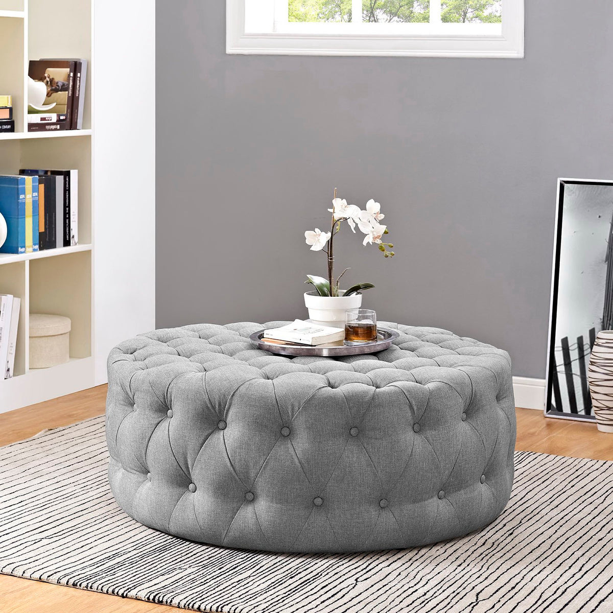 Amour Upholstered Fabric Ottoman - Light Gray
