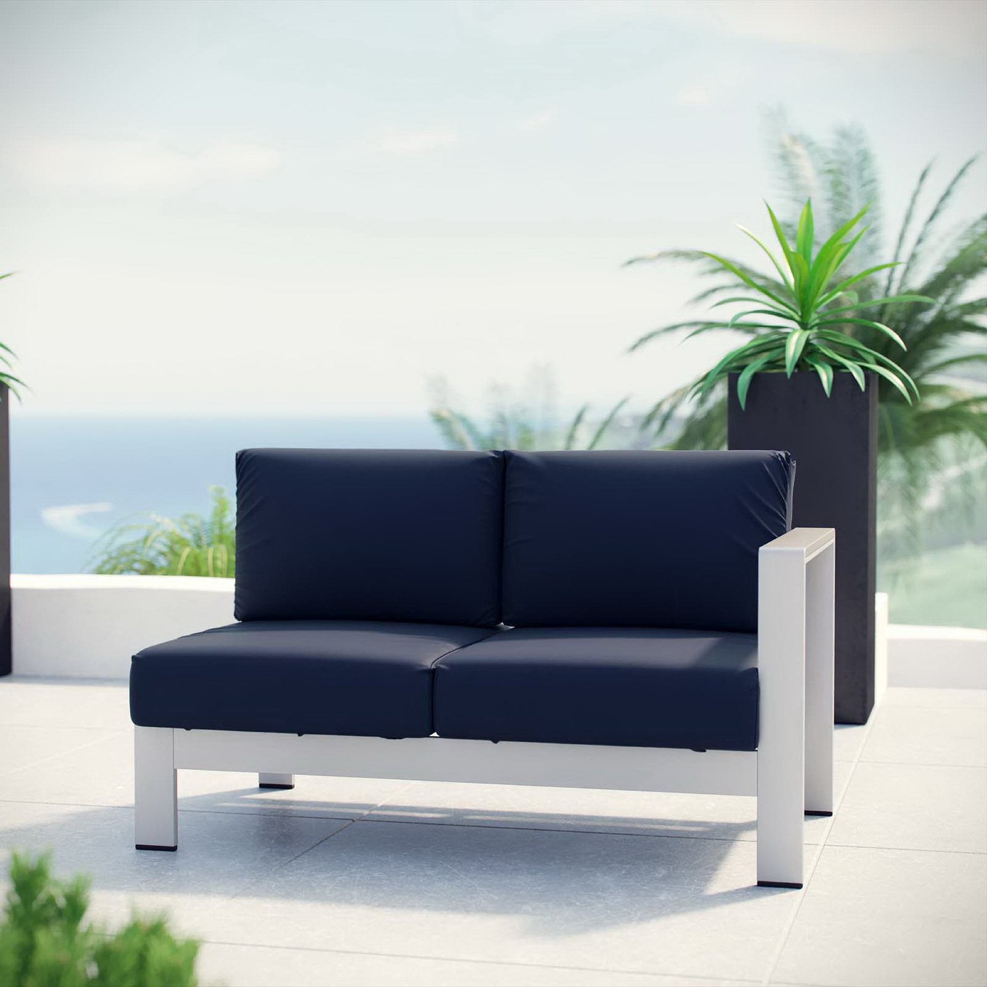 Shore Right-Arm Corner Sectional Outdoor Patio Aluminum Loveseat - Silver Navy
