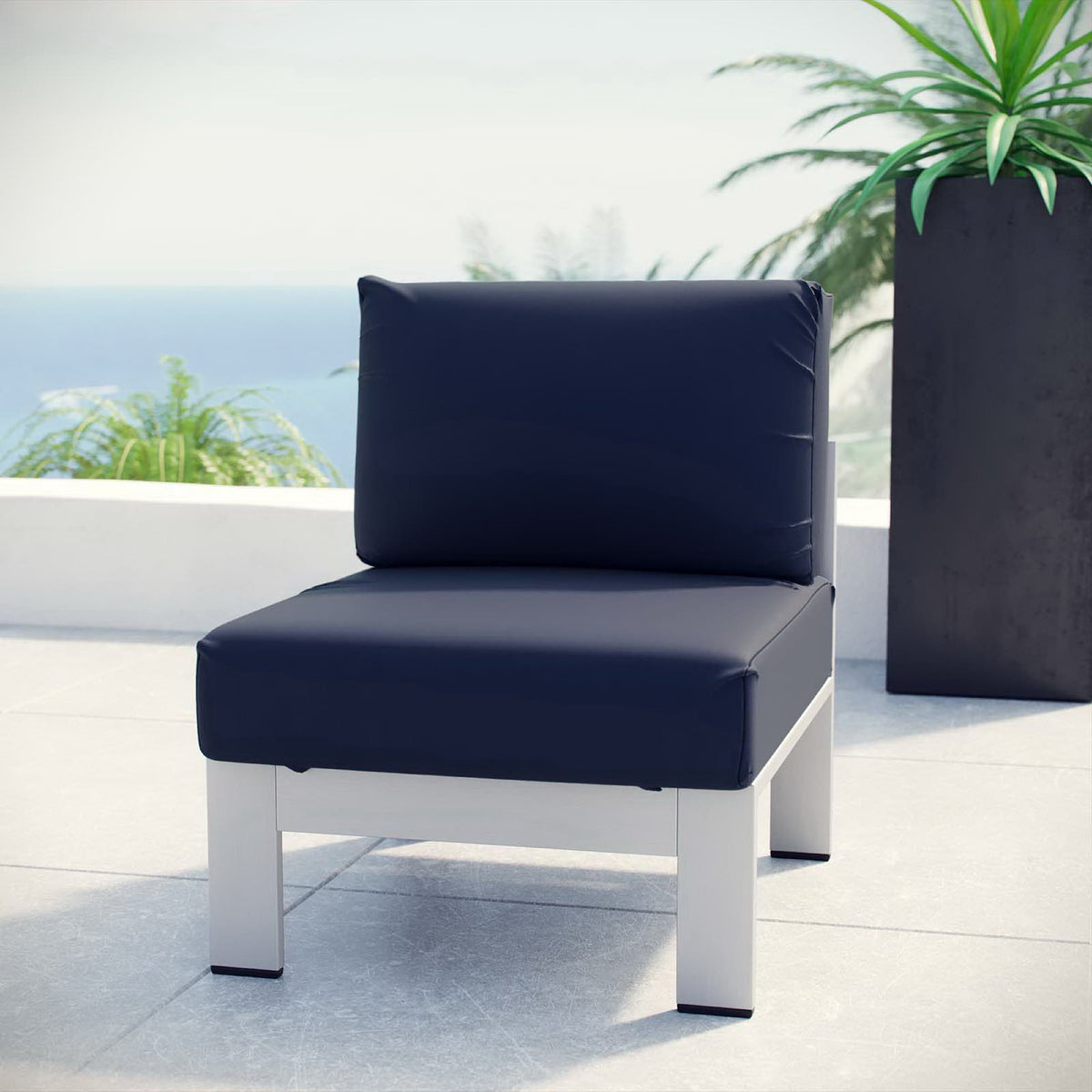 Shore Armless Outdoor Patio Aluminum Chair - Silver Navy