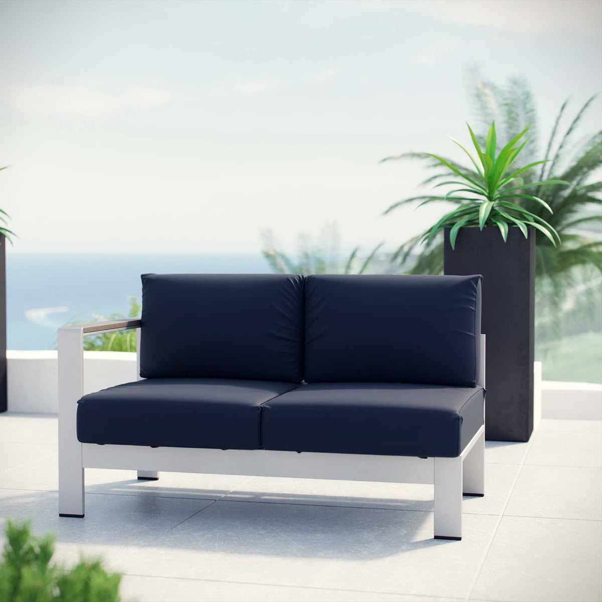 Shore Left-Arm Corner Sectional Outdoor Patio Aluminum Loveseat - Silver Navy