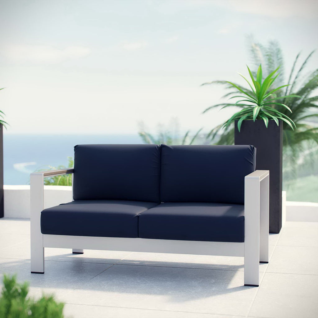 Shore Outdoor Patio Aluminum Loveseat - Silver Navy