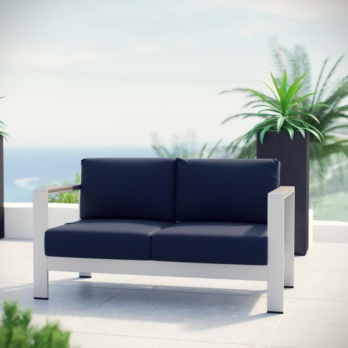 Shore Outdoor Patio Aluminum Loveseat - Silver Navy