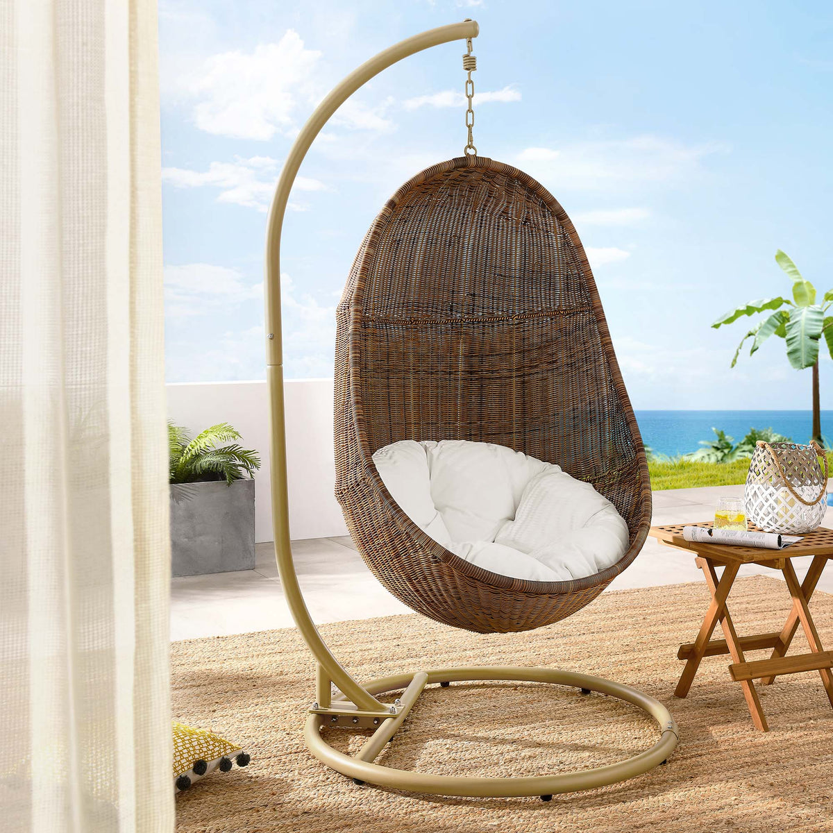 Bean Outdoor Patio Wood Swing Chair With Stand - Coffee White