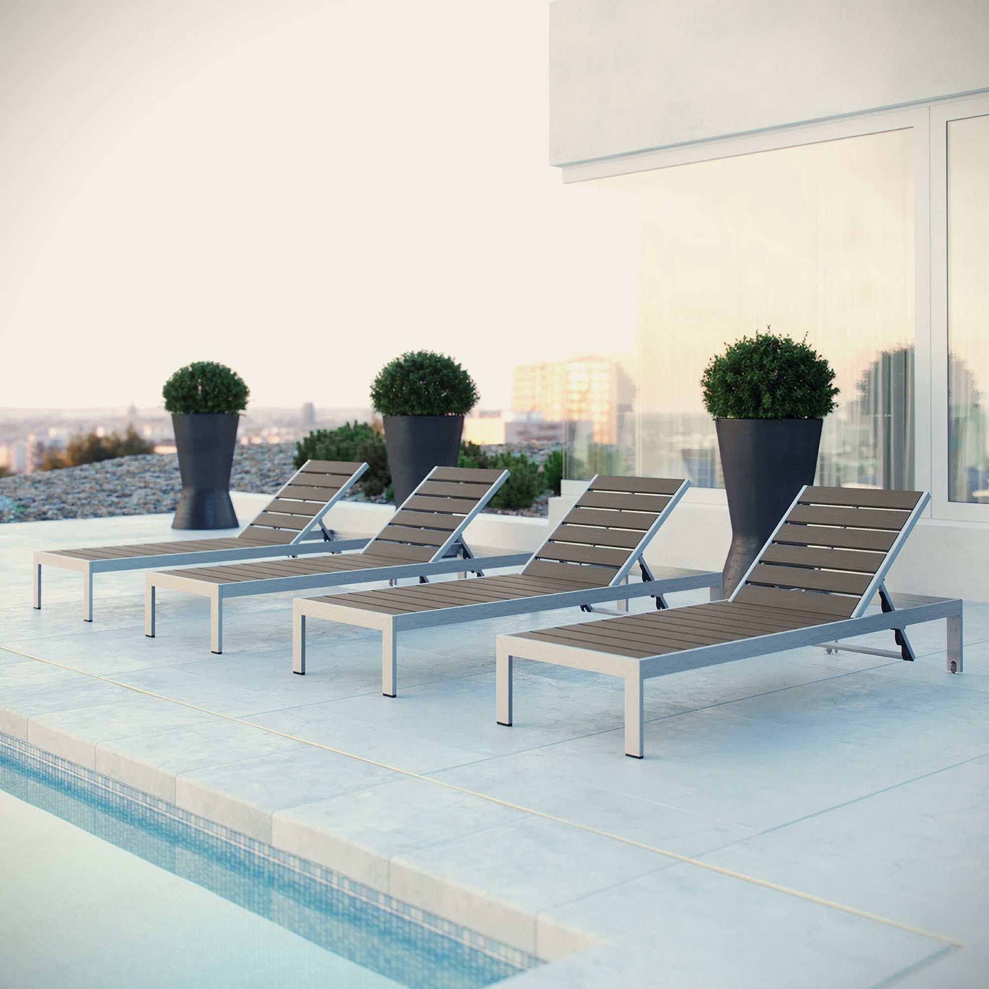 Shore Outdoor Patio Aluminum Chaise Set of 4 - Silver Gray (EEI-2468-SLV-GRY-SET)