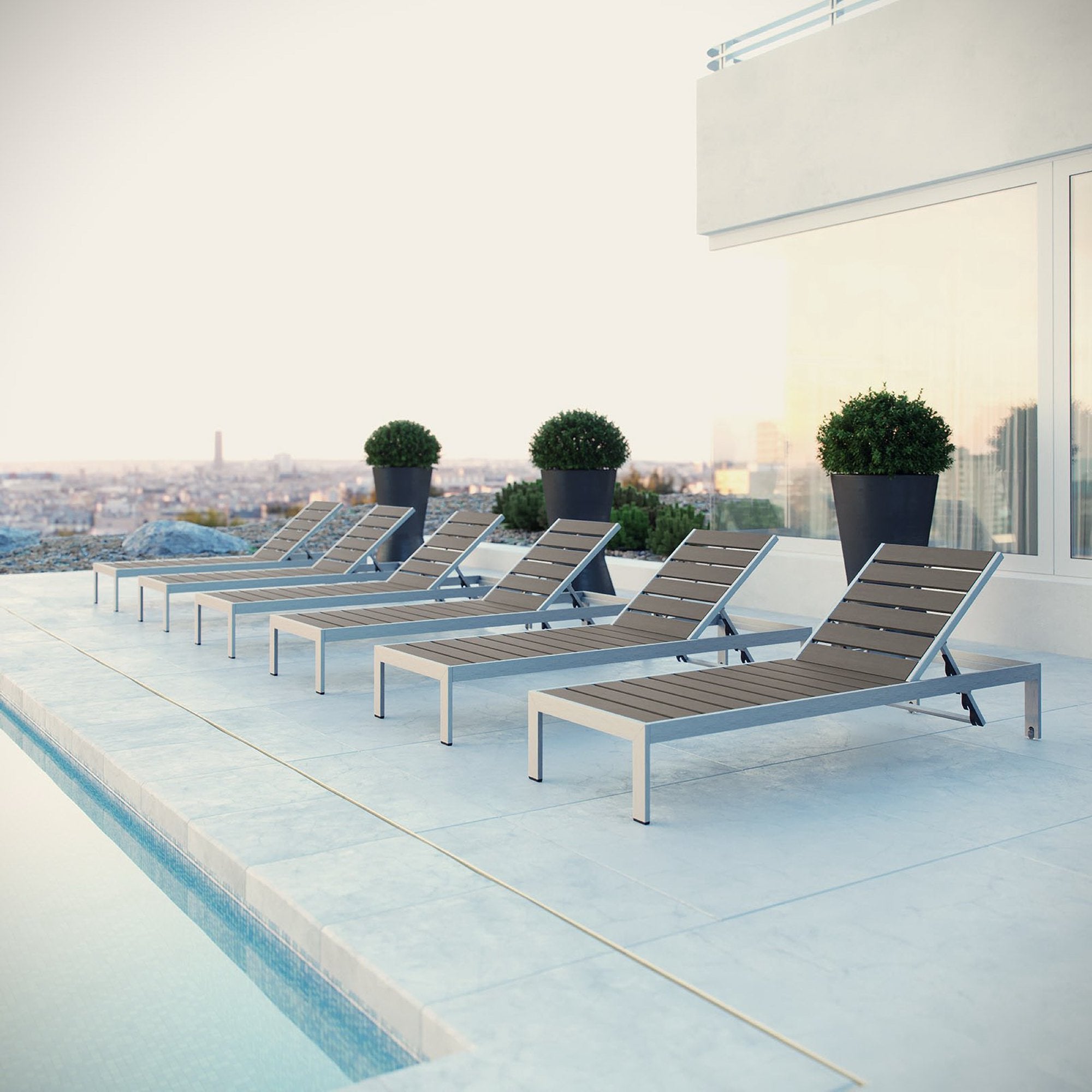 Shore Outdoor Patio Aluminum Chaise Set of 6 - Silver Gray (EEI-2469-SLV-GRY-SET)