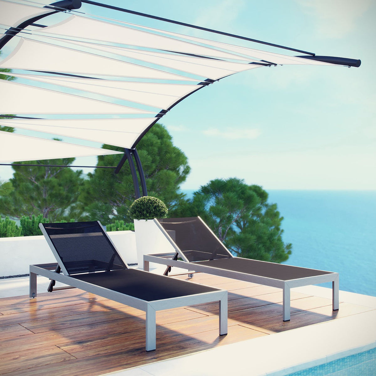 Shore Outdoor Patio Aluminum Chaise Set of 2 - Silver Black