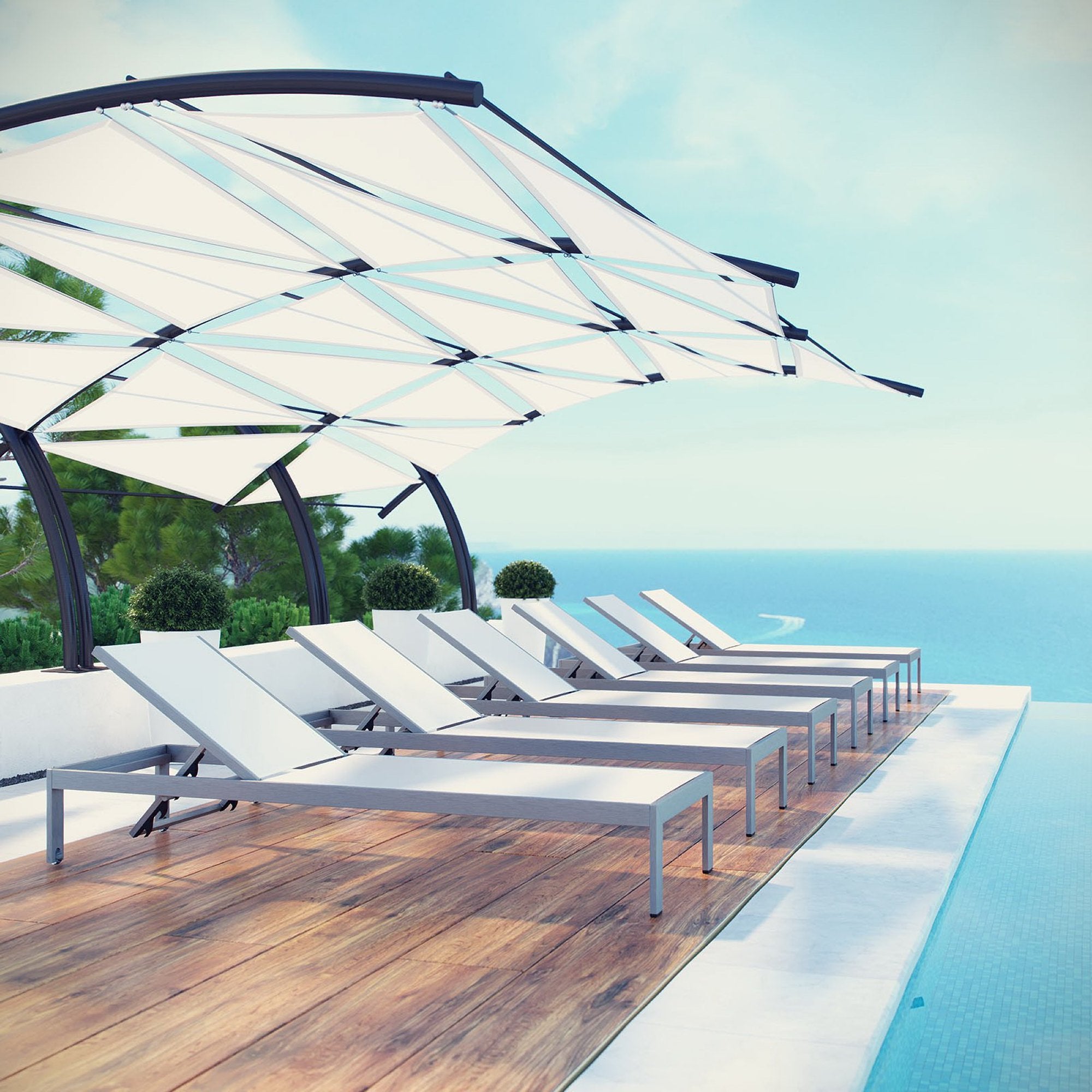 Shore Outdoor Patio Aluminum Chaise Set of 6 - Silver White