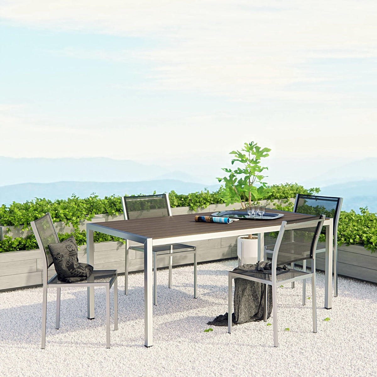 Shore 5 Piece Outdoor Patio Aluminum Dining Set - Silver Black (4 Side Chairs, Dining Table)
