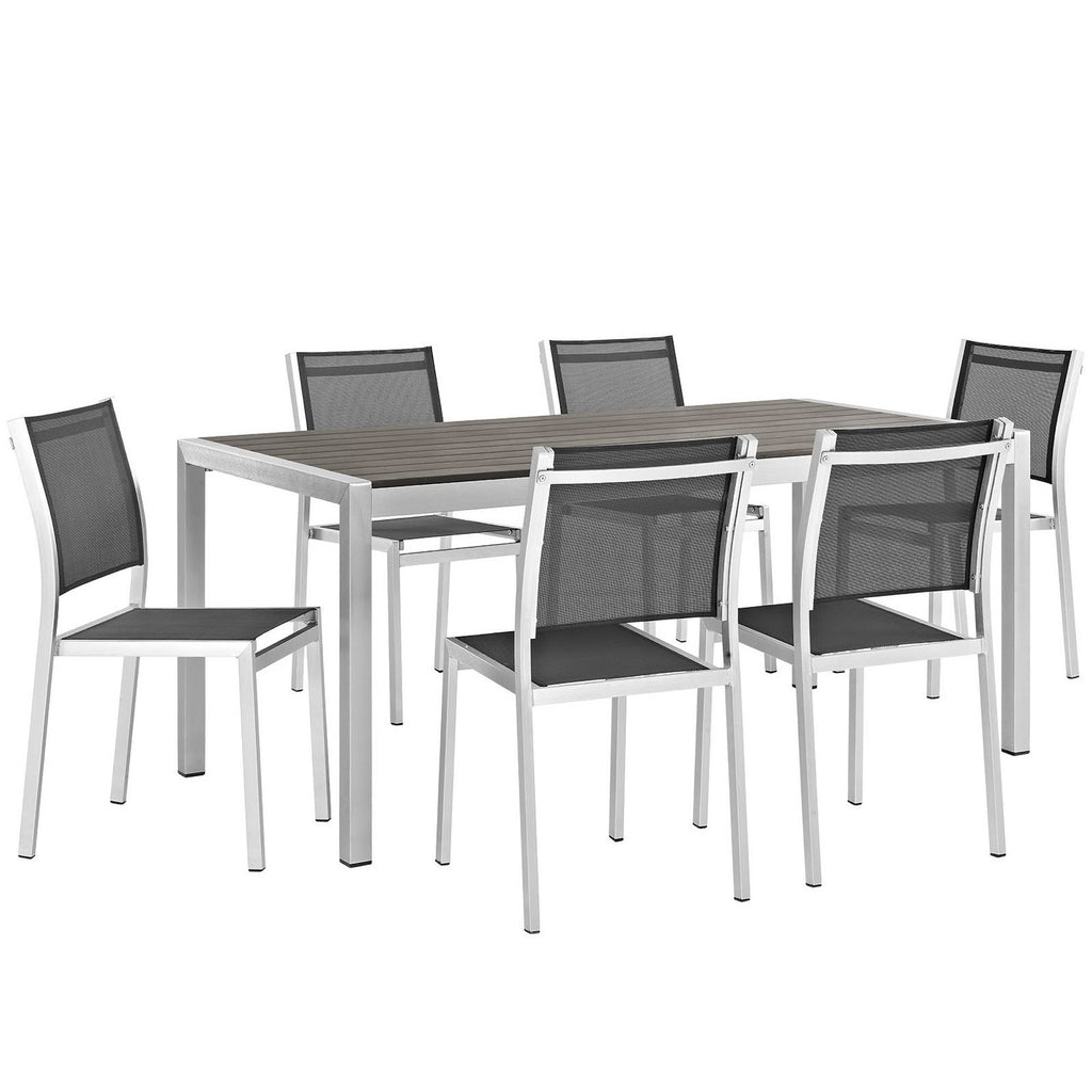 Shore 7 Piece Outdoor Patio Aluminum Dining Set - Silver Black (6 Side Chairs, Dining Table)