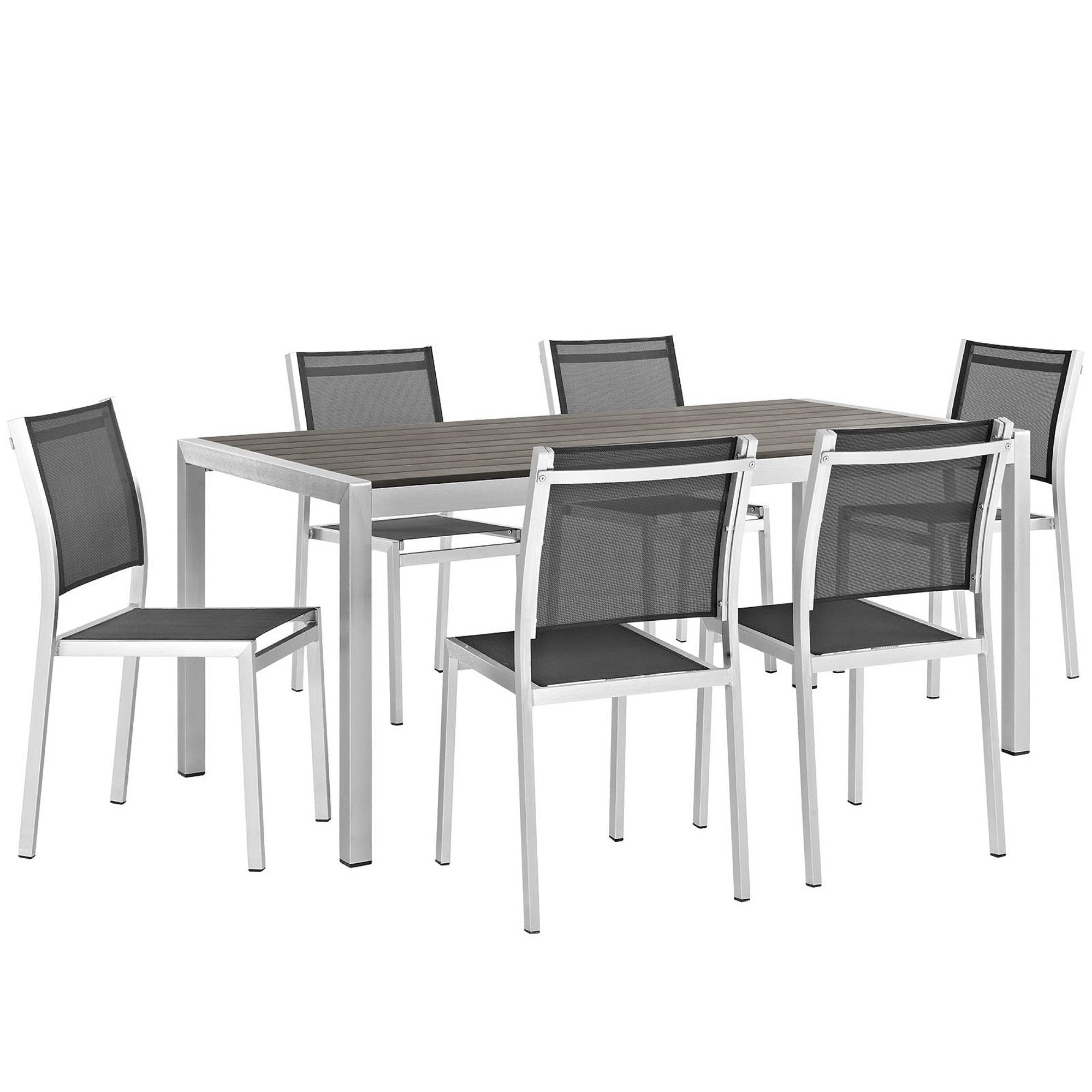 Shore 7 Piece Outdoor Patio Aluminum Dining Set - Silver Black (6 Side Chairs, Dining Table)