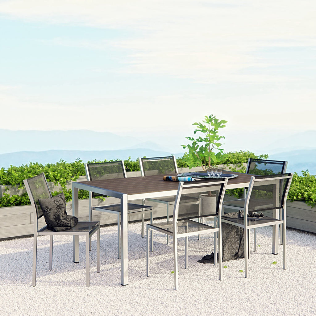 Shore 7 Piece Outdoor Patio Aluminum Dining Set - Silver Black (6 Side Chairs, Dining Table)
