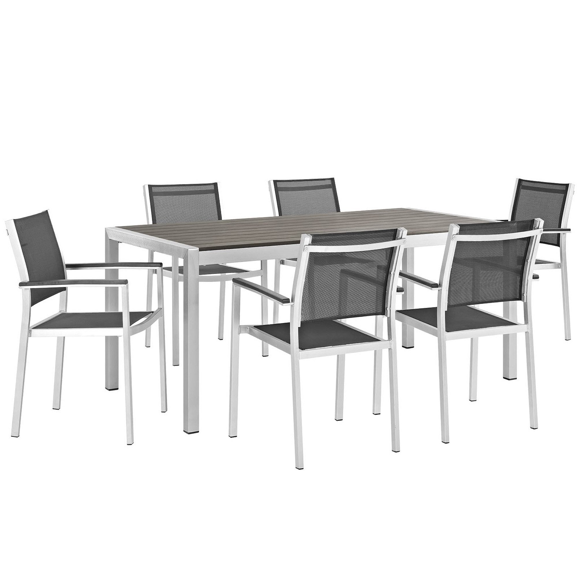 Shore 7 Piece Outdoor Patio Aluminum Dining Set - Silver Black (6 Dining Chairs, Dining Table)