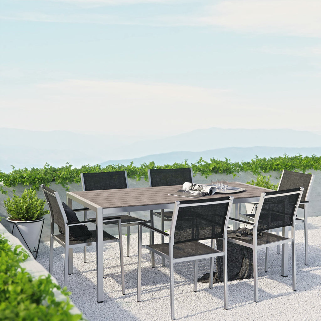 Shore 7 Piece Outdoor Patio Aluminum Dining Set - Silver Black (6 Dining Chairs, Dining Table)