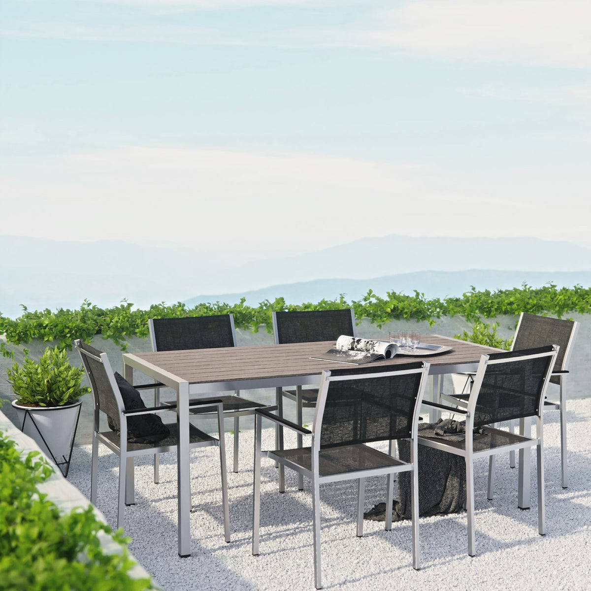 Shore 7 Piece Outdoor Patio Aluminum Dining Set - Silver Black (6 Dining Chairs, Dining Table)