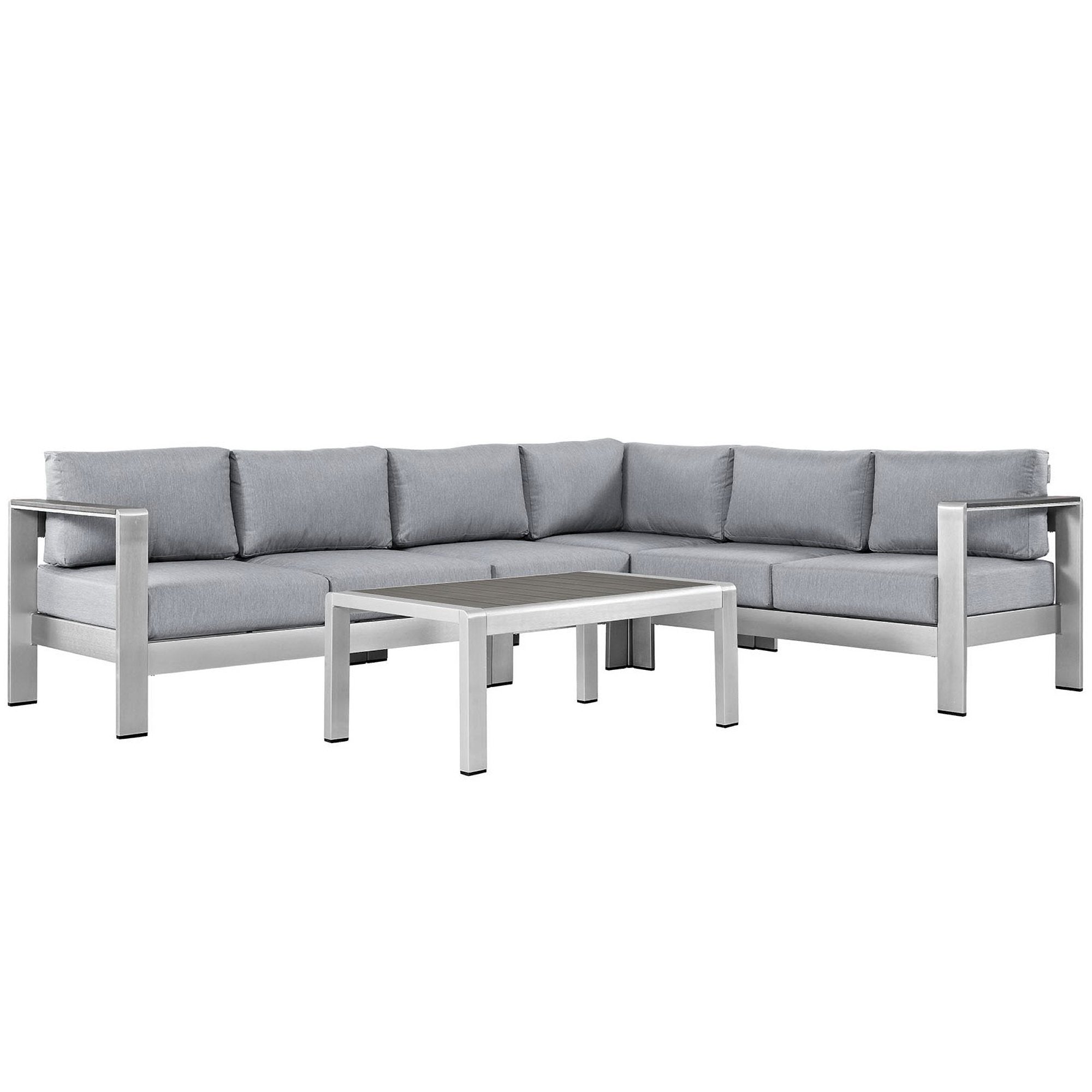 Shore 5 Piece Outdoor Patio Aluminum Sectional Sofa Set - Silver Gray (Armless Chair, Coffee Table, Corner Sofa, Loveseat, Right-Arm Loveseat)