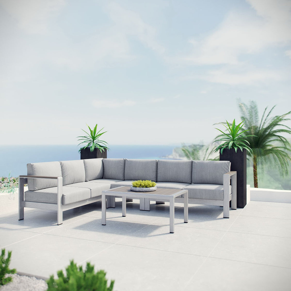 Shore 5 Piece Outdoor Patio Aluminum Sectional Sofa Set - Silver Gray (Armless Chair, Coffee Table, Corner Sofa, Loveseat, Right-Arm Loveseat)