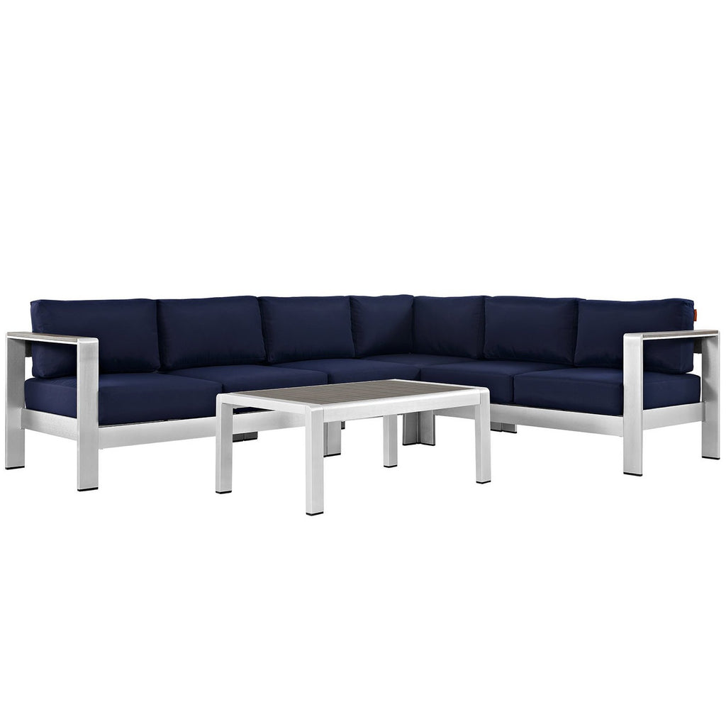 Shore 5 Piece Outdoor Patio Aluminum Sectional Sofa Set - Silver Navy (Armless Chair, Coffee Table, Corner Sofa, Loveseat, Right-Arm Loveseat)