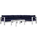 Shore 5 Piece Outdoor Patio Aluminum Sectional Sofa Set - Silver Navy (Armless Chair, Coffee Table, Corner Sofa, Loveseat, Right-Arm Loveseat)