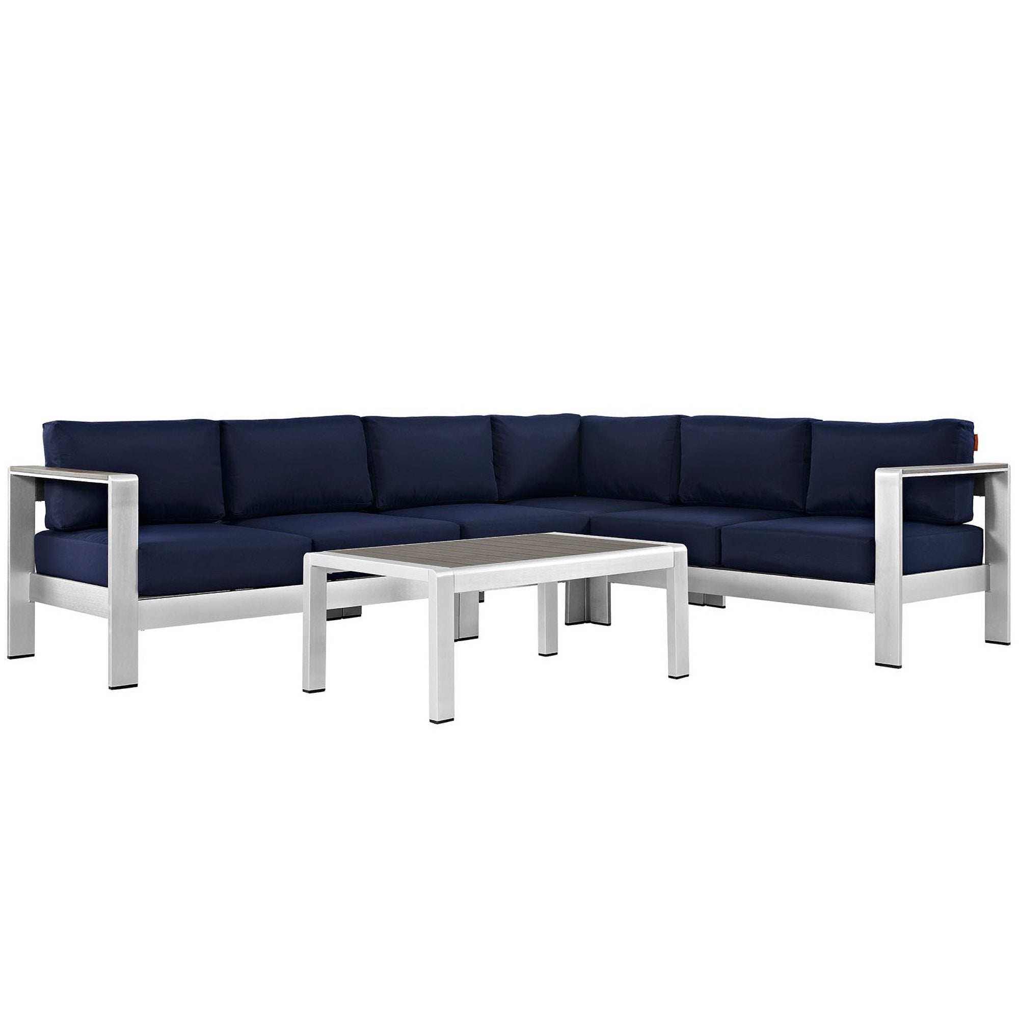 Shore 5 Piece Outdoor Patio Aluminum Sectional Sofa Set - Silver Navy (Armless Chair, Coffee Table, Corner Sofa, Loveseat, Right-Arm Loveseat)