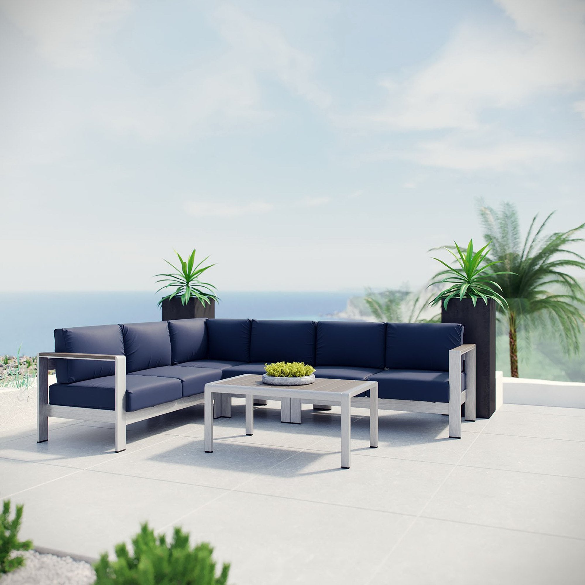 Shore 5 Piece Outdoor Patio Aluminum Sectional Sofa Set - Silver Navy (Armless Chair, Coffee Table, Corner Sofa, Loveseat, Right-Arm Loveseat)