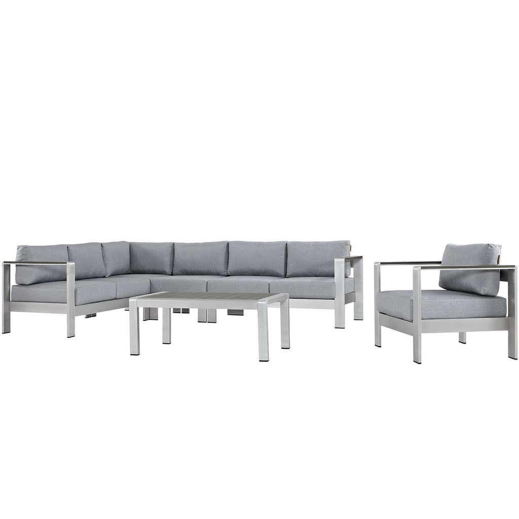 Shore 6 Piece Outdoor Patio Aluminum Sectional Sofa Set - Silver Gray (Armchair, Armless Chair, Coffee Table, Corner Sofa, Loveseat, Right-Arm Loveseat)