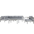 Shore 6 Piece Outdoor Patio Aluminum Sectional Sofa Set - Silver Gray (Armchair, Armless Chair, Coffee Table, Corner Sofa, Loveseat, Right-Arm Loveseat)