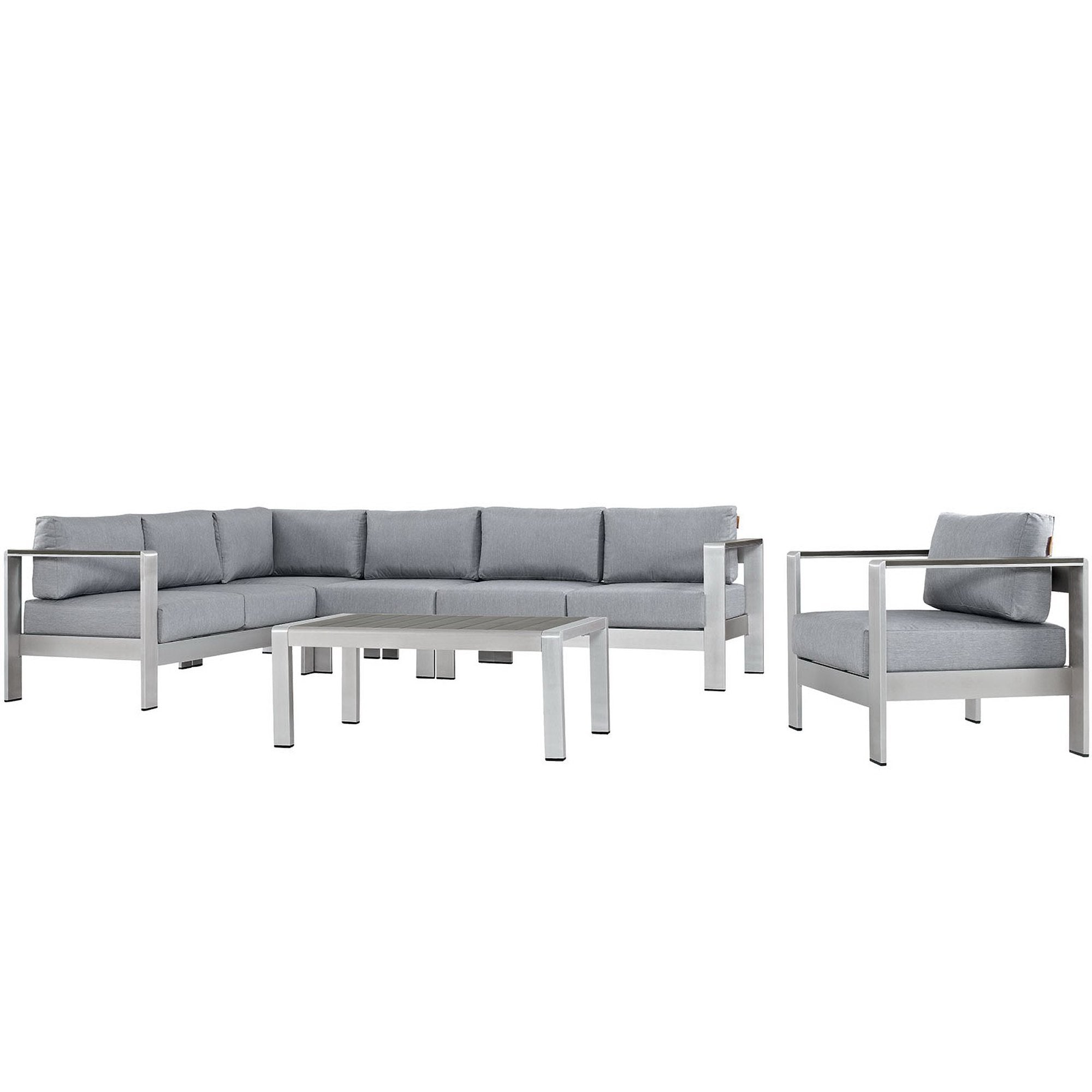 Shore 6 Piece Outdoor Patio Aluminum Sectional Sofa Set - Silver Gray (Armchair, Armless Chair, Coffee Table, Corner Sofa, Loveseat, Right-Arm Loveseat)