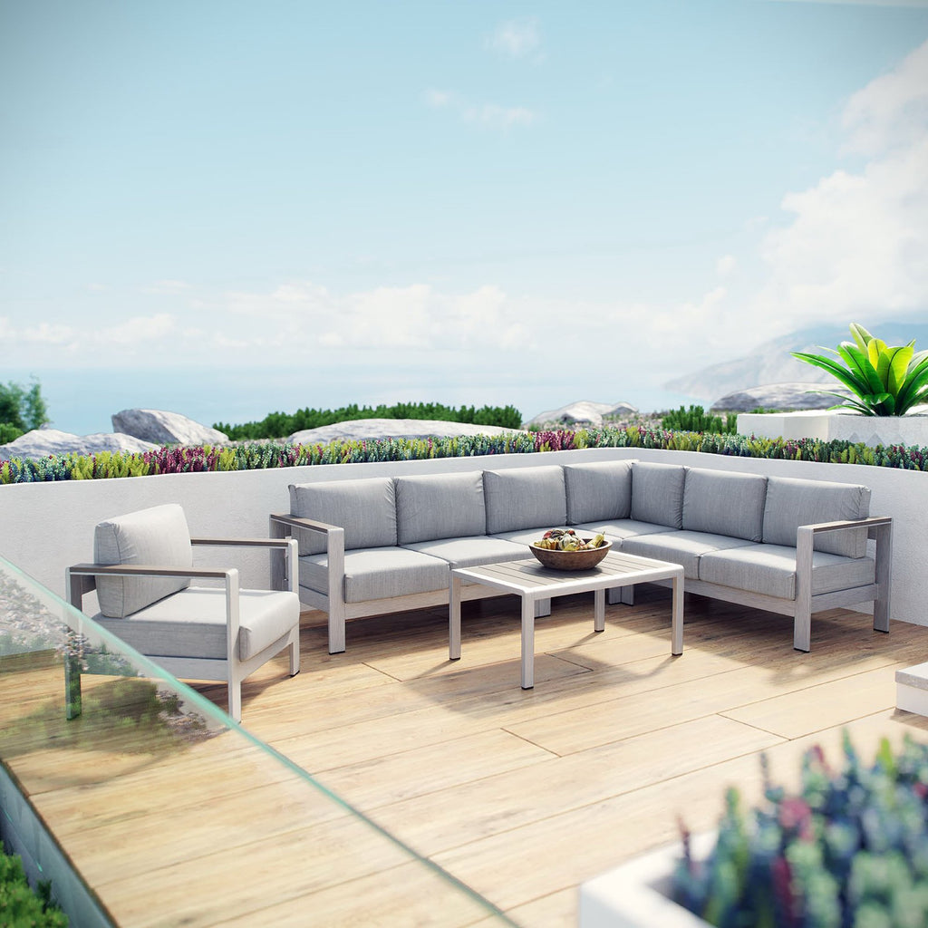 Shore 6 Piece Outdoor Patio Aluminum Sectional Sofa Set - Silver Gray (Armchair, Armless Chair, Coffee Table, Corner Sofa, Loveseat, Right-Arm Loveseat)