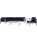 Shore 6 Piece Outdoor Patio Aluminum Sectional Sofa Set - Silver Navy (Armchair, Armless Chair, Coffee Table, Corner Sofa, Loveseat, Right-Arm Loveseat)